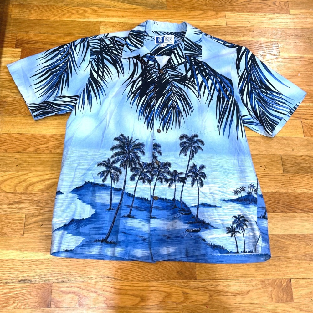 RJC Hawaiian Shirt Mens Large Blue Black Palm Tree Tropical Beach Aloha USA Made